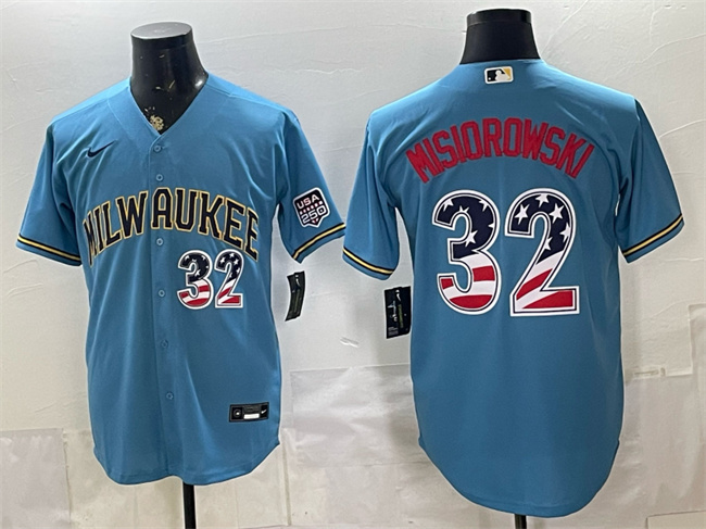 Men's Milwaukee Brewers #32 Jacob Misiorowski Blue 2026 USA 250 Fourth of July Home Stadium Stitched Baseball Jersey